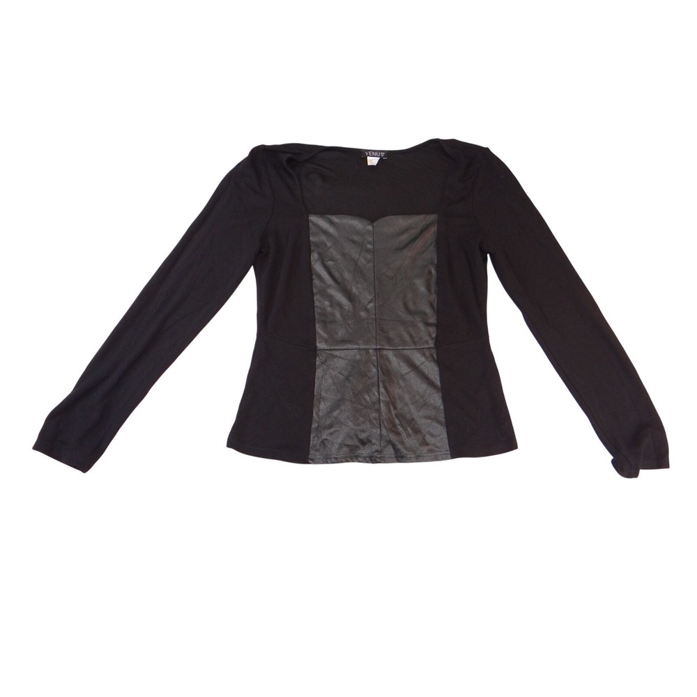 VENUS Long Sleeve Top Size 12 Black Faux Leather Front Panel